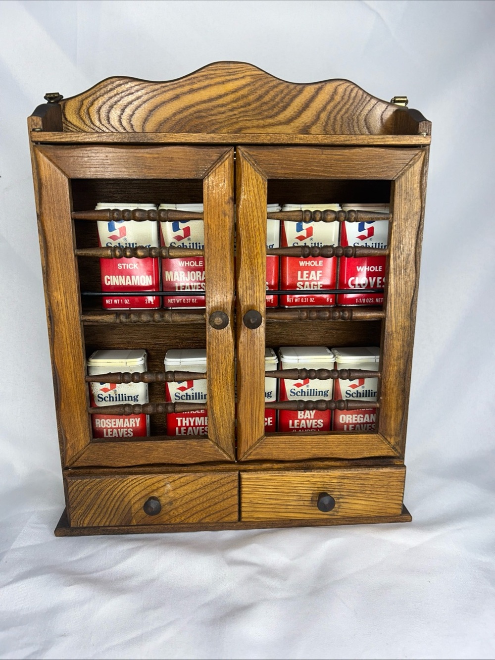 Wooden Spice Cabinet with Schilling Spice Tins - Brown & Red